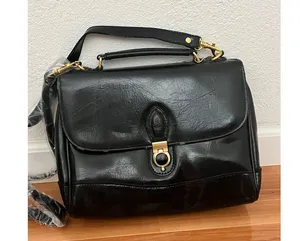 Vintage 80s Black faux leather satchel bag w/top handle detachable strap thumbnail 1