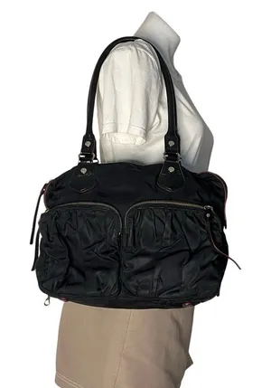 MZ WALLACE Black Shoulder Bag Jane Bedford Nylon Multi Pockets Red Lining thumbnail 1