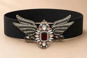 Vintage Women Cinch Belt One Size Black Wing Buckle Rhinestone Red Gem Elastic thumbnail 1
