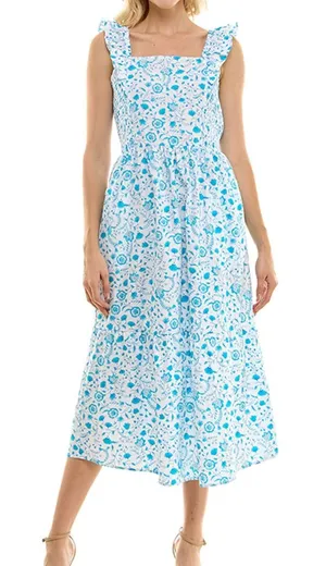 Draper James Ruffled Smocked Sun Dress Blue Floral Print Midi Preppy Summer XL thumbnail 1