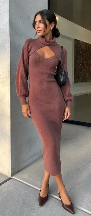 ASTR Jodie Mauve Two Piece Cutout Ribbed Knit Midi Sweater Dress Small NWT thumbnail 1