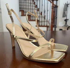 Gold Metallic Strappy Heels | Square Toe Stiletto Sandals | Size 7.5 thumbnail 1
