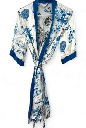 ASilk Japan 100% Pure Silk Japanese Short Robe Sleepwear Flowers Vases Luxury thumbnail 1
