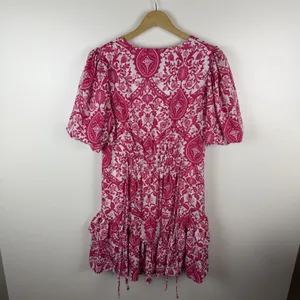 Entro Pink Damask Print V-Neck Smocked Mini Dress Small Vibrant Festival Girly thumbnail 7