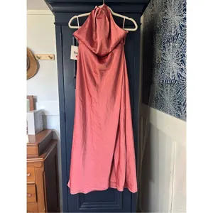 NEW Rose Satin Halter Neck Backless Slit Cowl Back Ruched Maxi Dress M thumbnail 3