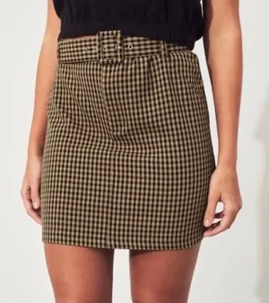 Hollister Ultra High-Rise Gingham Plaid Belted Mini Skirt Tan Black Medium thumbnail 1