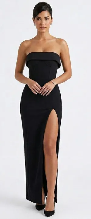 BabyBoo Fashion Black Strapless Corset Maxi Dress with Front Slit - Size M thumbnail 1