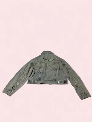 Cropped Jean Denim Jacket with Distressed & Rhinestone Detail thumbnail 2