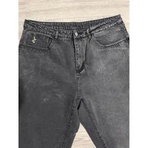 Women Washed Black High Waisted Relaxed Tapered Jeans 36x25 Green Embroidery thumbnail 8