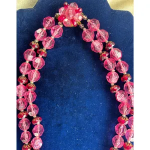 Vintage Pink Red Double Strand Acrylic Glass Bead Necklace Germany 22" MCM thumbnail 3