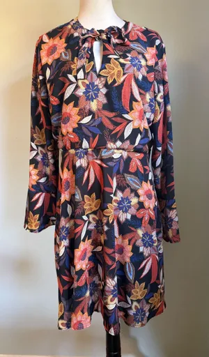 Boho Floral Long sleeve Mini Dress Black Orange whimsigoth flowy retro lotus 16‎ thumbnail 1