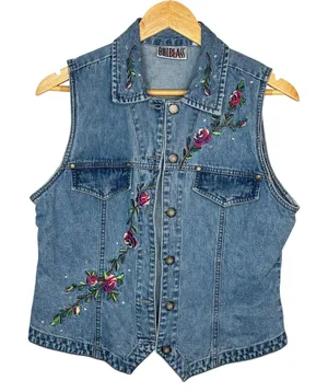 Vintage Bill Blass Denim‎ Vest Medium Blue Floral Embroidered Rhinestone 90s Y2K thumbnail 1