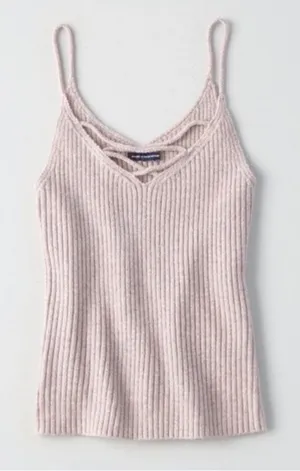 American Eagle‎ Women's Size Small Knit Tank Top Ribbed Beige V-Neck Lace Up thumbnail 1