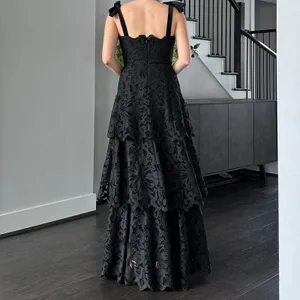 MESTIZA Cataleya Lace Floral Eyelet Tie Straps Black Midi Dress Sample thumbnail 4