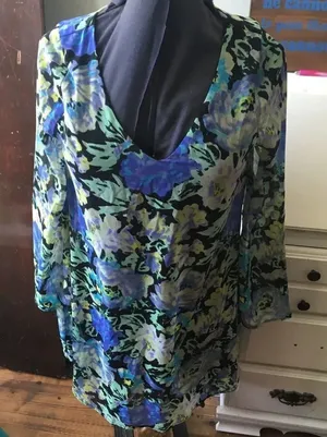 Everly M floral semi sheer v-neck 70’s colorful minidress thumbnail 1
