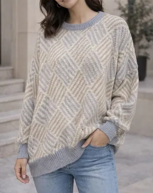 Vintage John Weitz Geometric Knit Sweater Grey Tan‎ Cotton Blend Made in USA L thumbnail 1