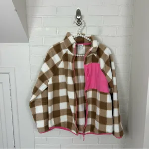 J.Crew Tan & White Check Plaid Fleece Zip Up Jacket Size M thumbnail 9