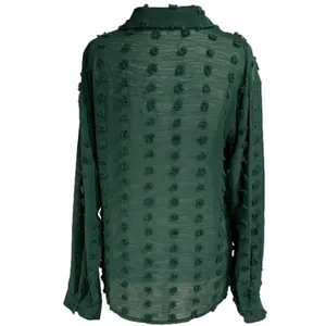 Forest Green sheer button down long sleeve blouse with textured dots thumbnail 6