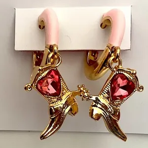 🩷👢BETSEY JOHNSON Cowboy Boot Enamel Huggie Earrings / Gold Pink Heart Crystal thumbnail 2