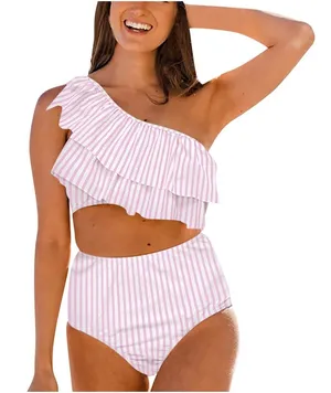 Wimpunec Women Bow One-shoulder Split Swimsuit Bikini Print Beachwear Set thumbnail 1