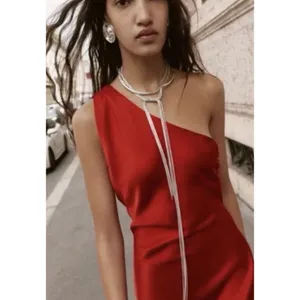 Zara Red Asymmetrical One Shoulder Satin Gown Maxi Dress Formal Grecian Holiday thumbnail 8