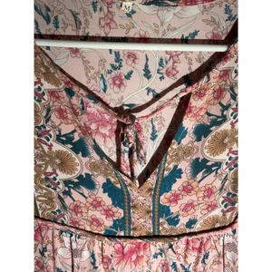 Boho Floral Peasant Dress – Medium, Pink Multicolor, Tie-Neck, 3/4 Sleeve thumbnail 2