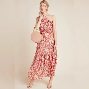 Misa Los Angeles Gia Floral Halter Dress Size Small Maxi Chiffon Tiered thumbnail 4