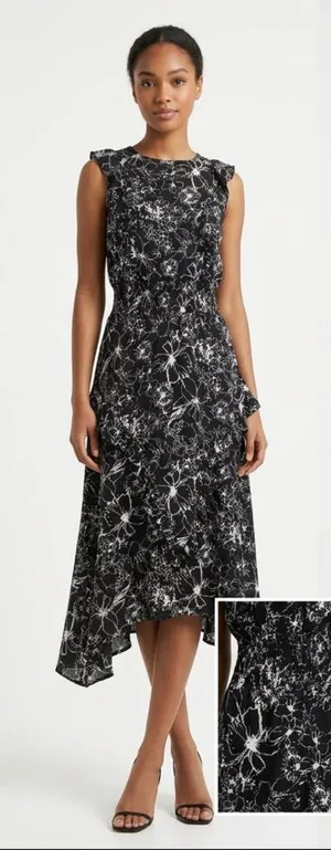 Sleeveless Black & White Floral High-Low Dress thumbnail 1