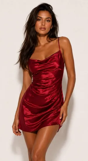 Windsor Red Satin Mini Dress Cowl Neck Ruched Date Night Party Glam Wedding Vaca thumbnail 1