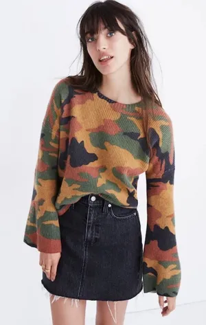 Madewell Merino Wool Camo Bell Sleeve Sweater Womens Small Green‎ Orange G2348 thumbnail 1