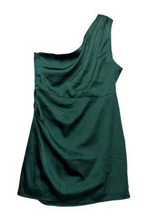 Lulus One Shoulder Dress Women Large Green Satin Ruched Cocktail Party thumbnail 1