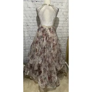 Camille La Vie beaded bodice multi layer tulle floral Halter Neck gown Size 4 thumbnail 6