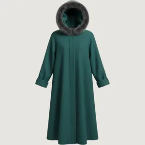 Donnybrook Wool Swing Coat Teal Green Rabbit Fur Trim Hood Vintage 90s Maxi 14 thumbnail 5