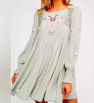Free People Mohave Floral Embroidered Long-Sleeve Dress Size Large Sage Green thumbnail 1