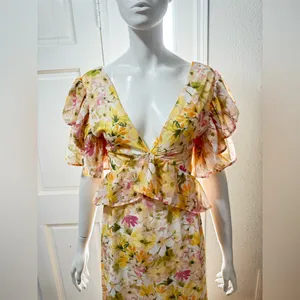 Vici Yellow Ruffle Sheer Maxi Chiffon Floral Maxi Dress Size Large J-51 thumbnail 3