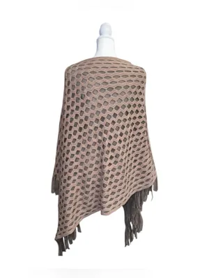 Do everything in love Elegant Taupe Open-Knit Fringe Poncho thumbnail 2