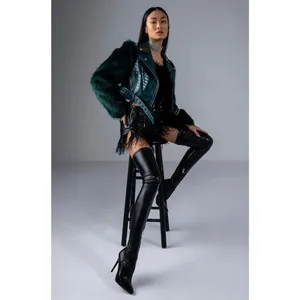 AZALEA WANG Nolla Faux Fur Arms Croc Moto Jacket Jade Green Vegan Leather Medium thumbnail 11