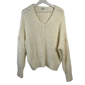 Time and Tru Large L 12-14 Tape Yarn Sweater Cream V-Neck Open Knit Pullover thumbnail 2