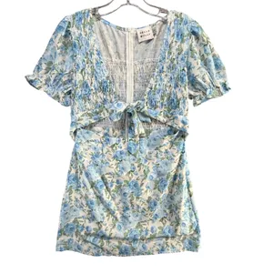 Hello Molly Picnic Loving Mini Dress Women M Blue Floral Smocked Cutout Coquette thumbnail 2