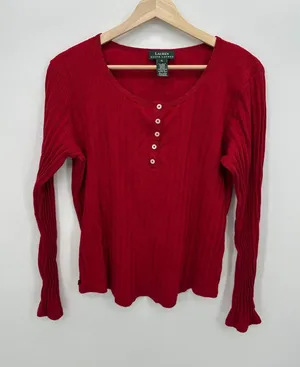 Lauren Ralph Lauren Red Ribbed Cotton Henley Long Sleeve Top Womens XL‎ Western thumbnail 1