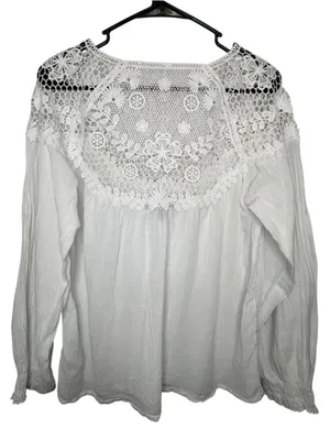 Frye White Crochet Lace Boho Loose Fit Long Sleeve Peasant Blouse thumbnail 5