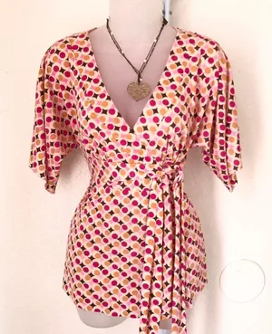 2000s Y2K Soprano Pink brown multicolor polka dot wrap v-neck belted waist top blouse short sleeve colorful thumbnail 1
