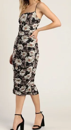 Lulu’s We Really Mesh Black Floral Print Sleeveless Ruched Midi Dress NWT Small thumbnail 1