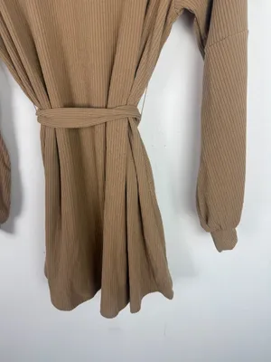 NWT Cupshe Belted Bishop Sleeve Rib Knit Mini Dress Brown Tan Size Medium M NEW thumbnail 10