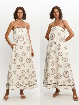 Kivari • Anthropologie Ciao Strapless Maxi Dress white linen print rickrack thumbnail 4