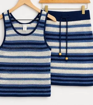 C&C California striped knit two piece set navy blue cream color Medium thumbnail 1
