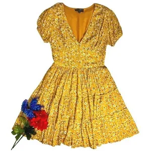 Yellow Ditsy Floral Boho Mini Dress Size PS V Neck Puff Sleeve Tiered Spring Fit thumbnail 2