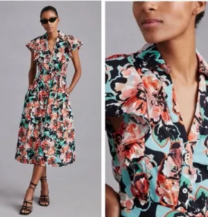 Anthropologie Maeve Flutter-Sleeve Midi Shirt Dress thumbnail 2