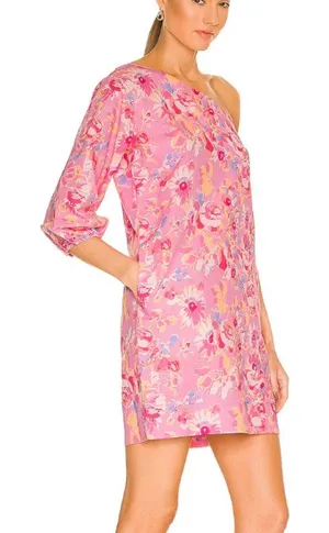 Something Navy Pink Floral Mini Dress MEDIUM One Shoulder Linen Shift Party $165 thumbnail 1