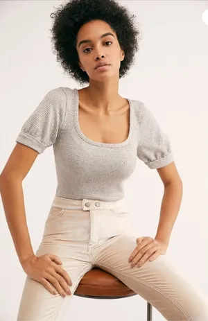Free People Double Bubble Top Silver Scoop Neck Puff Sleeve Sweater Xs thumbnail 1
